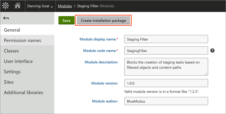 Kentico admin screen for creating installation package