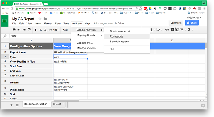 run report selection from add-on in a google sheet