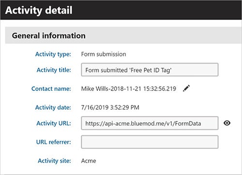 Kentico admin activity details screen
