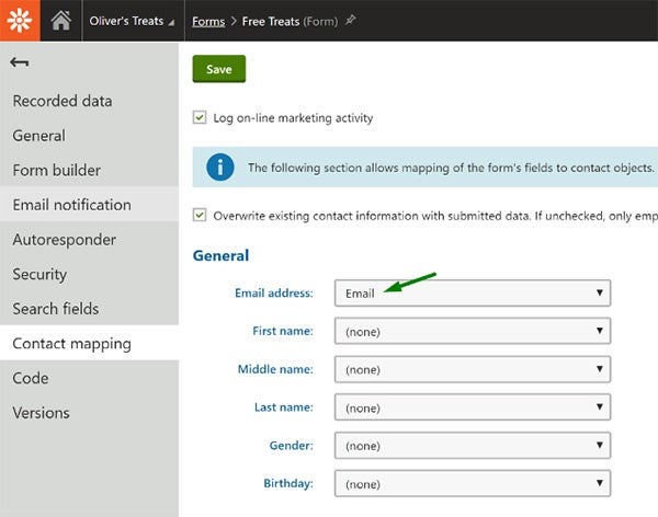 Kentico admin form contact mapping form