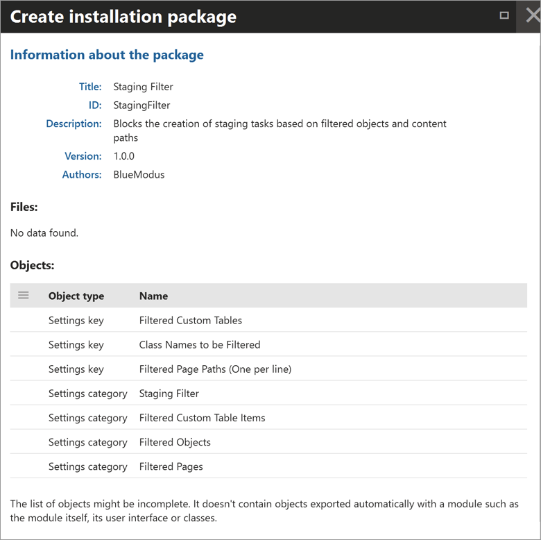 Kentico Admin for installation package listing object types