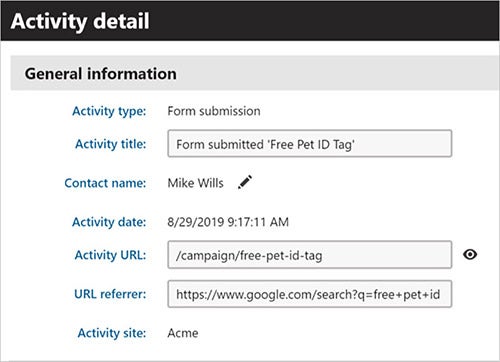 kentico admin activity detail screen for campaign