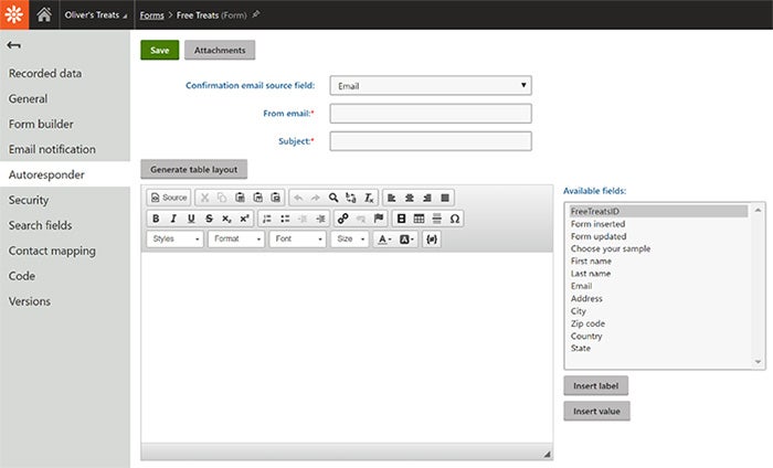 Kentico CMS Admin forms autoresponder