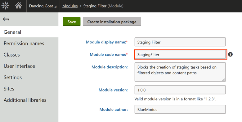 Kentico admin form pointing out Module Code name