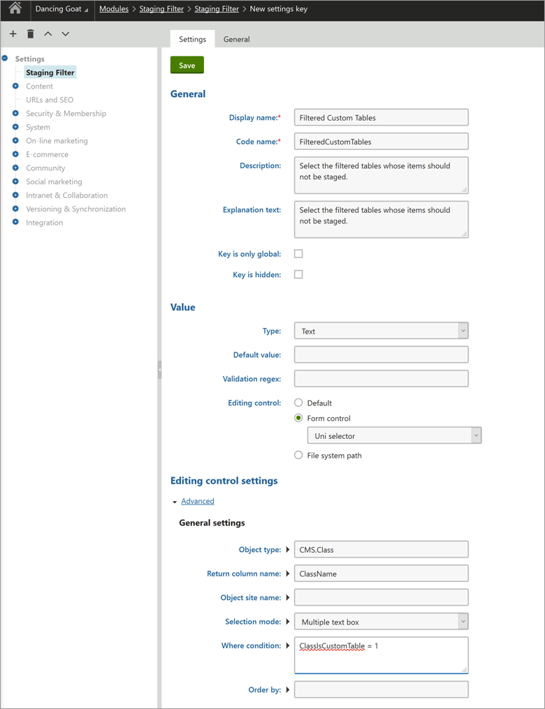 Detailed setting of a staging filter