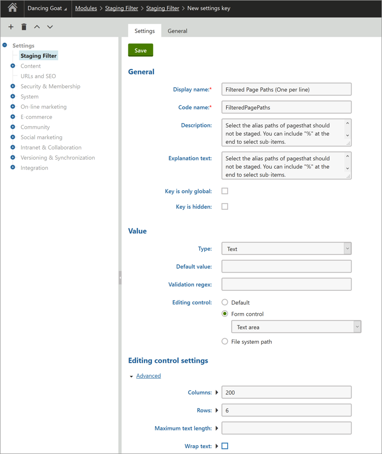 Detailed setting of a kentico staging filter with data entered