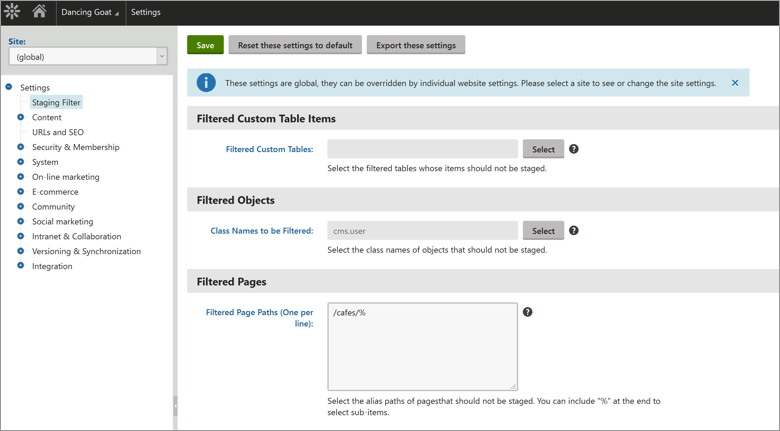 Kentico Admin Screen for filtered pages